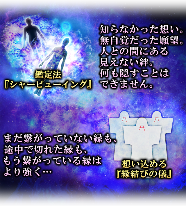 鑑定法「シャービュイング」 知らなかった想い。無自覚だった願望。人との間にある見えない絆。何も隠すことはできません。 まだ繋がっていない縁も、途中で切れた縁も、もう繋がっている縁はより強く・・・ 想い込める「縁結びの儀」